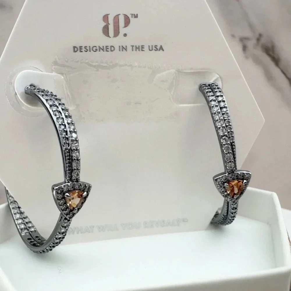 Bomb Party November Amber Topaz Hematite Hoop Earrings Just A Dreamer NWT